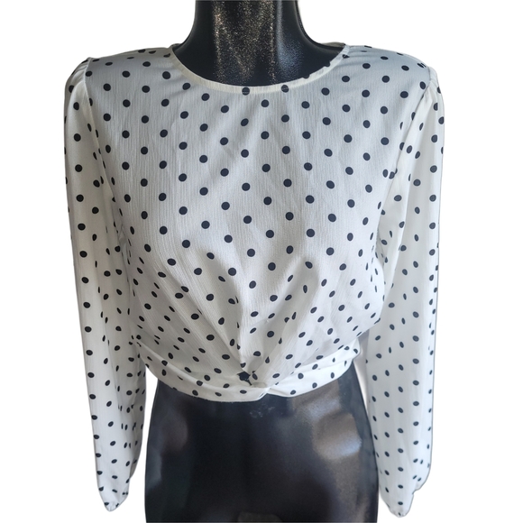 Mink Pink Polka Dot Twist Front Cropped Long Sleeve Blouse XS - Picture 1 of 6